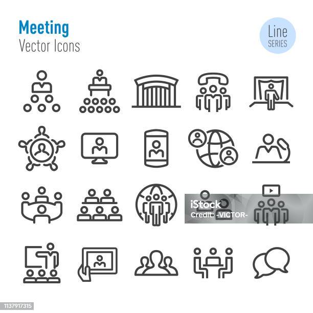 Meeting Icons Vector Line Series Stock Illustration - Download Image Now - Icon Symbol, Video Conference, Audience