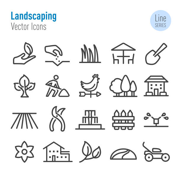 ikony terénní úpravy - řada vektorových čar - terasa pozemky stock ilustrace
