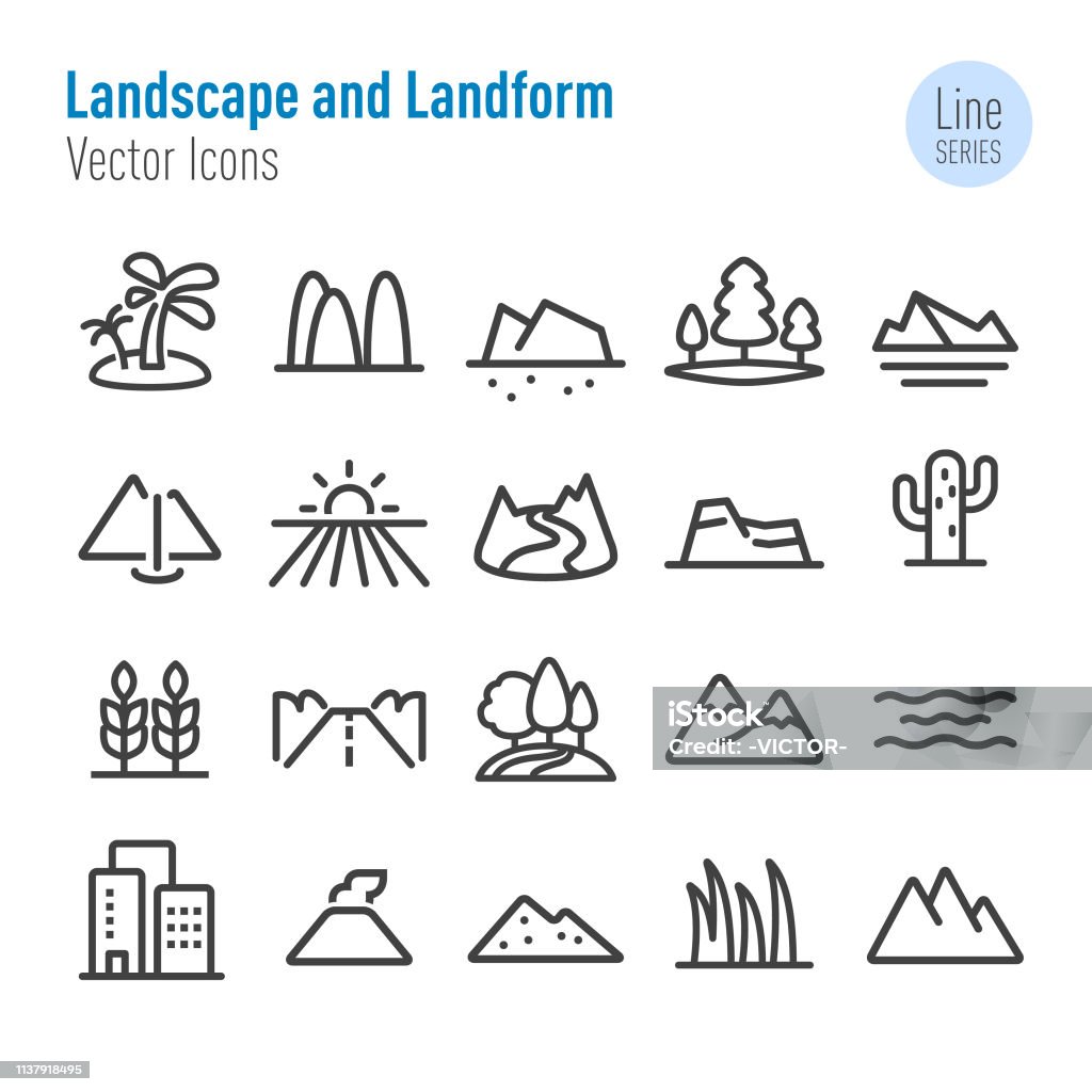 Landscape and Landform Icons - Vector Line Series Landscape, Landform, Icon Symbol stock vector