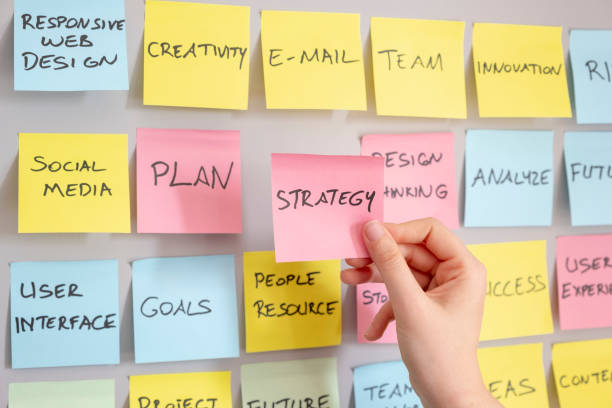 Brainstorming concept, Sticky Notes, Strategy Note in woman hand Brainstorming concept, Sticky Notes on gray wall. Business strategies. whiteboard visual aid stock pictures, royalty-free photos & images