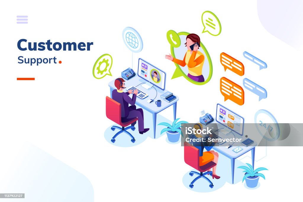 Customer service, phone support office with people Customer service people office or isometric call center room. Man support and woman phone assistant, Operator with headset doing live feedback. Online user or client support centre. Work, job, hotline Isometric Projection stock vector