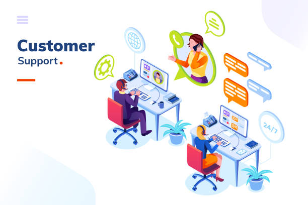 Customer service, phone support office with people Customer service people office or isometric call center room. Man support and woman phone assistant, Operator with headset doing live feedback. Online user or client support centre. Work, job, hotline customer illustrations stock illustrations
