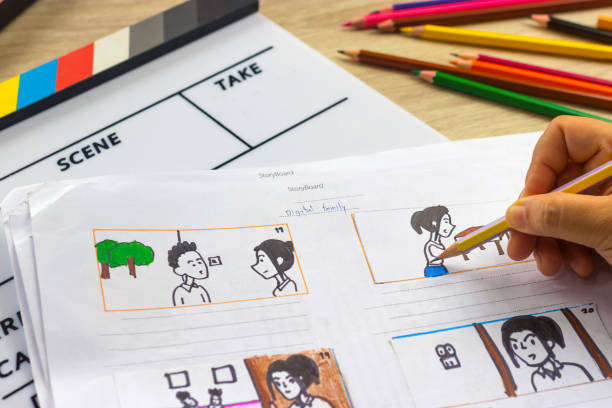 istock Storyboard drawing with pencil creative sketch cartoon. Storyboarding is process image displayed in sequence for purpose of pre-visualizing motion picture, interactive media. Concept sketching ideas. 1137924717