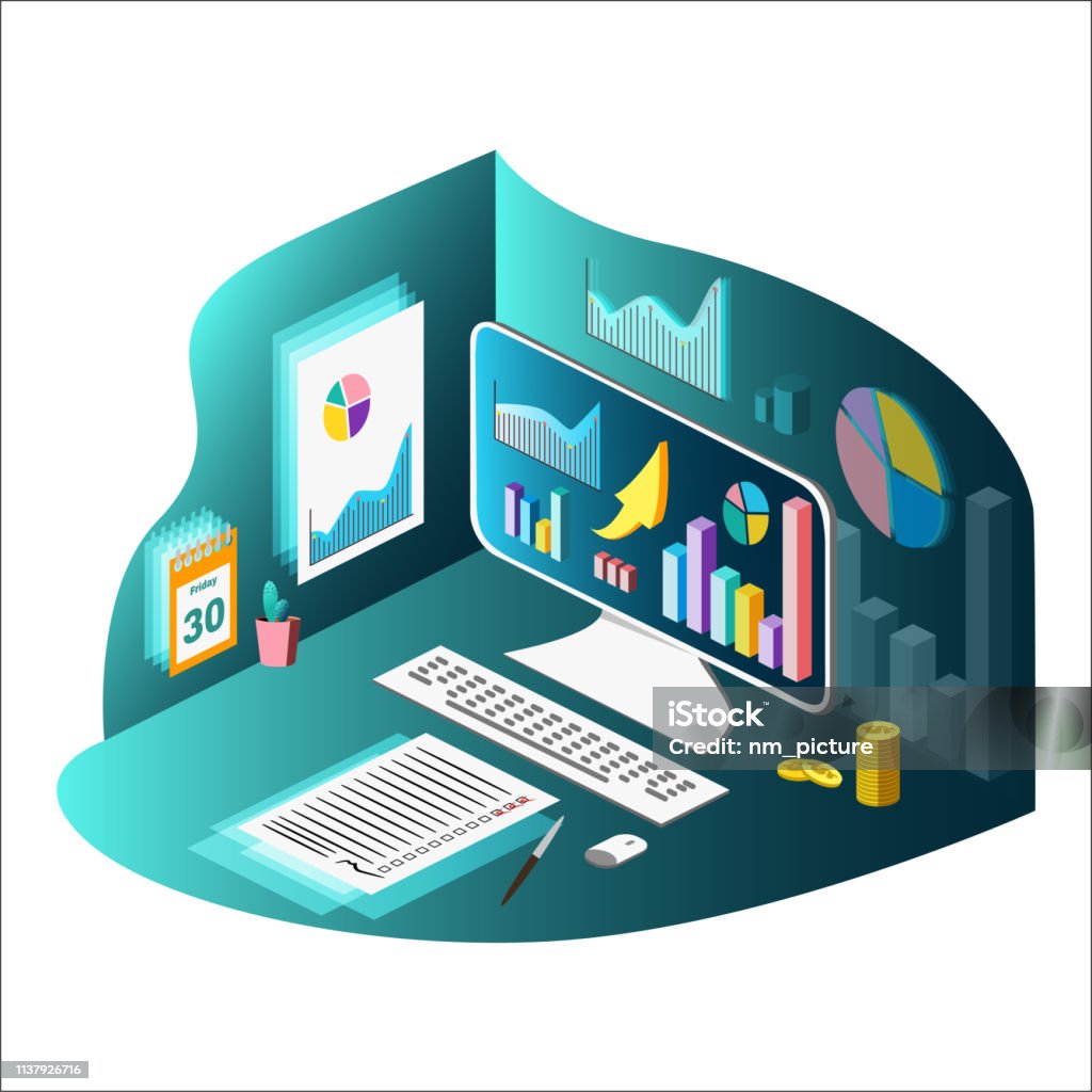 Computer Digrees Content Graph Desktop Computer Growth Graph On The Screen Checklist Isometric Style ...