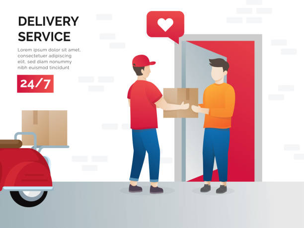 Illustration concept of freight forwarding services Illustration concept of freight forwarding services. Vector illustration concept for delivery service, e-commerce. Receiving package from courier to customer. Delivery parcel to door. Vector delivering illustrations stock illustrations