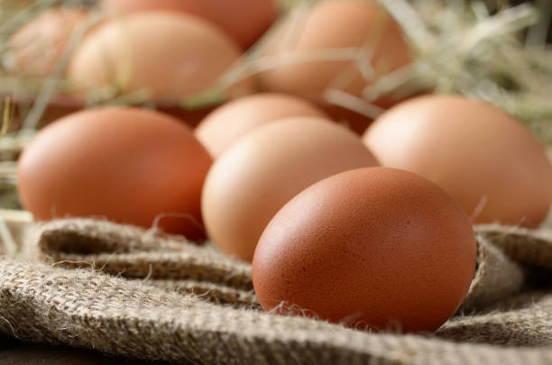 istock Fresh brown organic chicken eggs on wooden table and hemp burlap 1137929634
