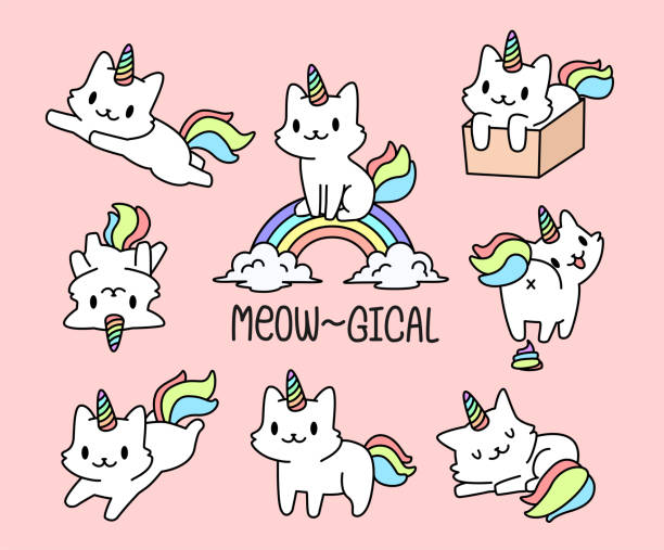 Cute cat unicorn set Set of cute little cat unicorn in different pose unicorn logo stock illustrations