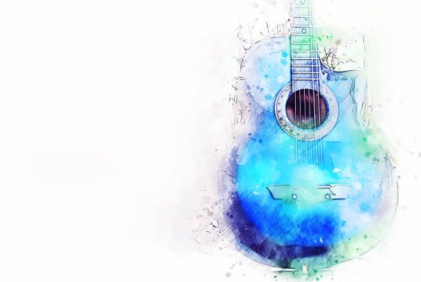 forme de couleur bleu abstrait sur guitare acoustique sur fond de peinture illustration à l'aquarelle. - 2324 photos et images de collection