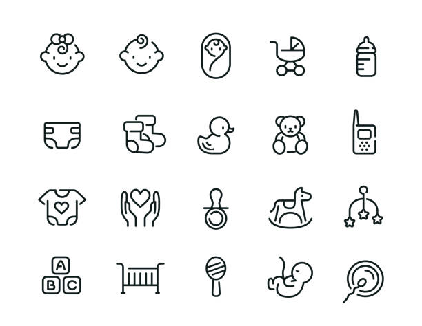 Minimal cute baby icon set 20 baby line icons design toy stock illustrations