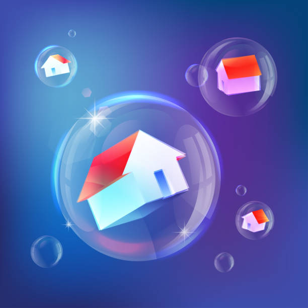 ilustraciones, imágenes clip art, dibujos animados e iconos de stock de casas en bubbles metáfora - number vibrant color transparent blue