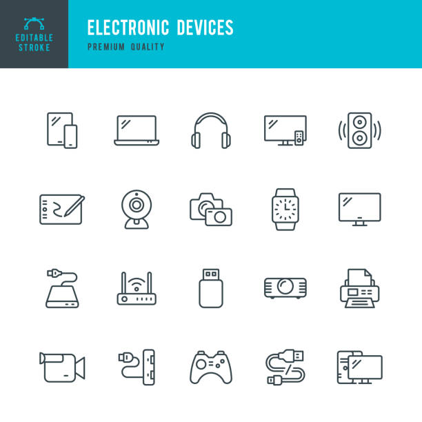 urządzenia elektroniczne - zestaw ikon wektora cienkiej linii - audio electronics stock illustrations