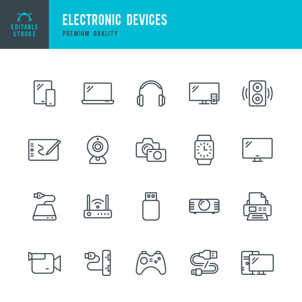 Electronic Devices - set of thin line vector icons Set of 20 Electronic Devices thin line vector icons. Smart Phone, Laptop, Camera, Smart Watch, Desktop PC and so on computer cable stock illustrations