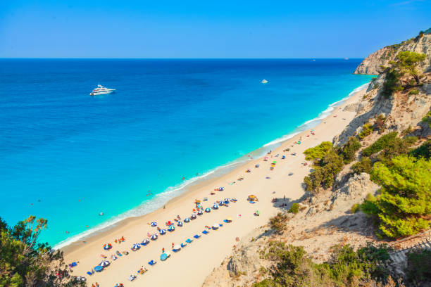 Egremni beach, Lefkada island, Greece. Long beach with turquoise water on the Ionian islands in Greece stock photo