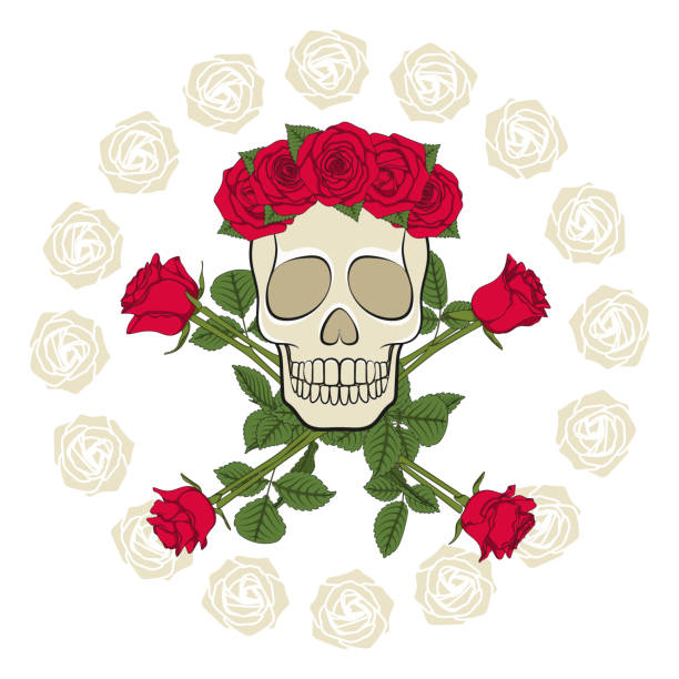 Skull in a wreath, decorated with red roses. Isolated colored vector objects. Skull in a wreath, decorated with red roses. Isolated colored vector objects on white background. clip art of a dead rose stock illustrations