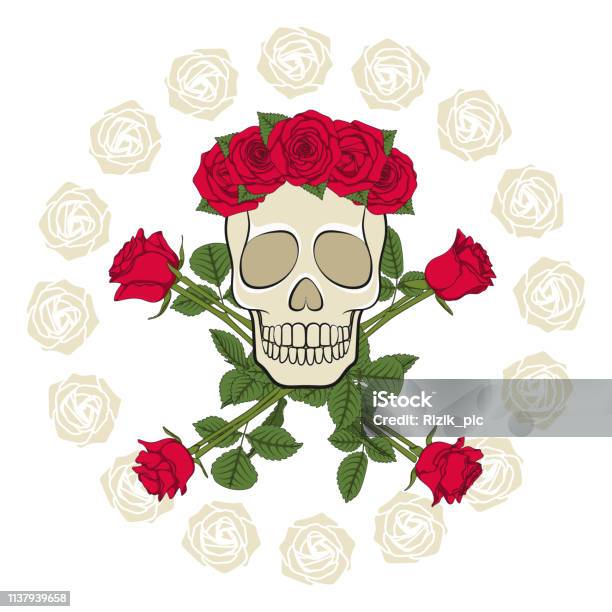 Skull In A Wreath Decorated With Red Roses Isolated Colored Vector Objects Stock Illustration - Download Image Now