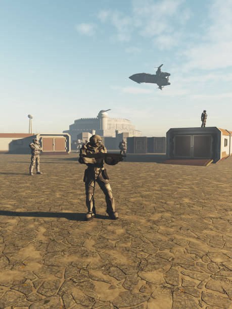 istock Future Space Marines Guarding a Desert Outpost 1137942577