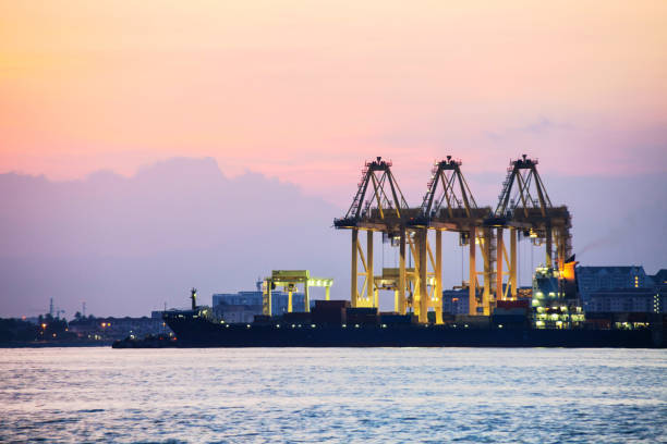 istock Crane for shipping container carrier with sunrise background 1137944292