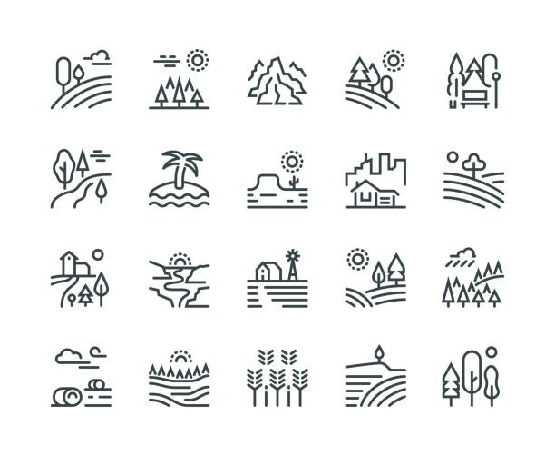 1811.m30.i020.n027.P.c25.1174441765 Landscape line icons. Nature park mountain hill forest trees and countryside garden, industrial megapolis cityscape vector pictograms Landscape line icons. Nature park mountain hill forest trees and countryside garden, industrial megapolis cityscape vector pictograms set hills logo stock illustrations