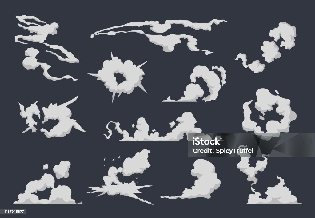 1901. m30. i010 n040 25.632355116 漫画の煙雲。コミック蒸気爆発ダストファイトアニメーション霧の動きスモッグモーションゲーム煙。ベクトルガスブラストセット - 煙のロイヤリティフリーベクトルアート