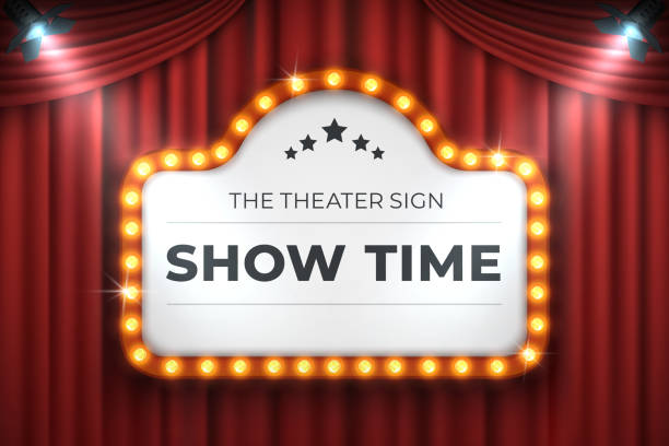 Theater cinema sign. Movie light frame, retro marquee banner on red background. Vector light bulb realistic billboard Theater cinema sign. Movie light frame, retro marquee banner on red background. Vector light bulb realistic 3D billboard hollywood stock illustrations