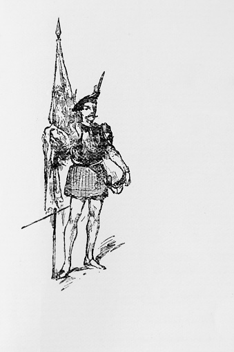 Illustration excerpt from ‘A Child’s History of Scotland’ by Margaret Oliphant.  First published in 1895, it contains the Children’s study of history of Scottish Royalty, Kings, Queens and battles.  Here we see an illustration of a 18th century Scottish clansman in traditional tartan kilt.  He is holding a Scottish flag.