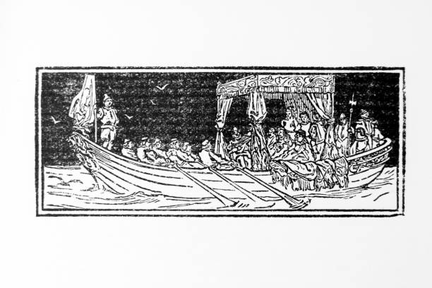 Royalty in wooden warship, the Maid of Norway Antique Child's history book engraving illustration Illustration excerpt from ‘A Child’s History of Scotland’ by Margaret Oliphant.  First published in 1895, it contains the Children’s study of history of Scottish Royalty, Kings, Queens and battles.  Here we see an illustration of a King and Queen travelling in a wooden rowing barge. norman style stock illustrations