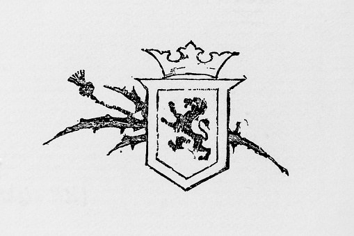 Illustration excerpt from ‘A Child’s History of Scotland’ by Margaret Oliphant.  First published in 1895, it contains the Children’s study of history of Scottish Royalty, Kings, Queens and battles.  Here we see an illustration of a Victorian Scottish coat of arms, with Lion Rampant and Thistle.