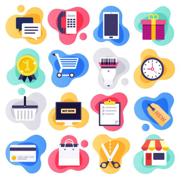 mobile commerce & consumer behaviour flat liquid style vector icon set - e commerce illustrations stock-grafiken, -clipart, -cartoons und -symbole