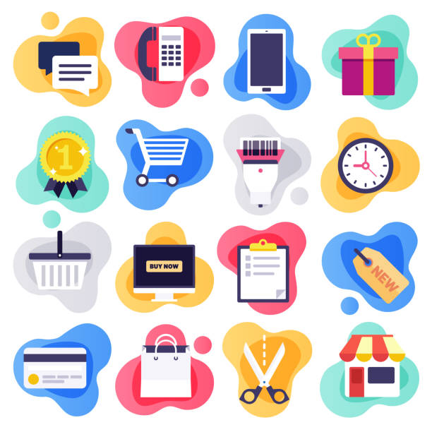 Mobile Commerce & Consumer Behaviour Flat Liquid Style Vector Icon Set Mobile commerce and consumer behaviour liquid flat flow style concept symbols. Flat design vector icons set for infographics, mobile and web designs. e commerce illustrations stock illustrations