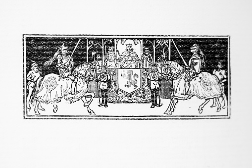 Illustration excerpt from ‘A Child’s History of Scotland’ by Margaret Oliphant.  First published in 1895, it contains the Children’s study of history of Scottish Royalty, Kings, Queens and battles.  Here we see an illustration of King James IV travelling on his throne, surrounded by knights on horseback.