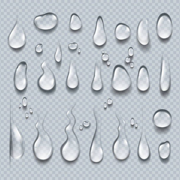 Realistic water drops. 3D transparent condensation droplets, bubble collection on clear surface. Rain drops vector Realistic water drops. 3D transparent condensation droplets, bubble collection on clear surface. Rain drops vector set raindrop stock illustrations