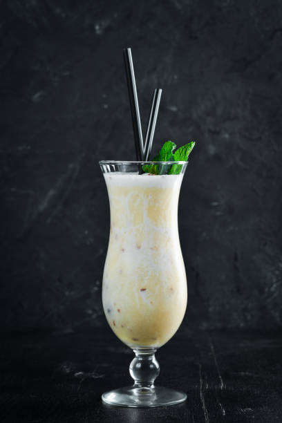 istock Milk Cocktail with Banana and Mint. Top view. Free space for your text. Rustic style. 1137946997