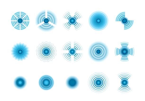 волновые сигналы. синие графические символы волновых концентрических круговых радио пульсаций. набор значков векторов - cut up audio stock illustrations