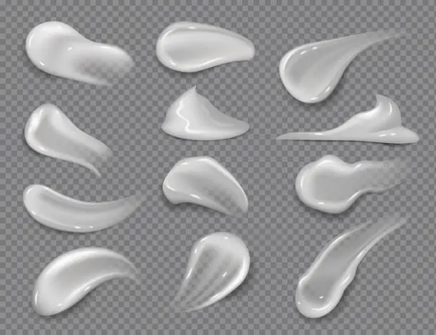 Vector illustration of Cream smears. Realistic white cosmetic gel, creamy toothpaste blobs on transparent background. Vector skincare lotion