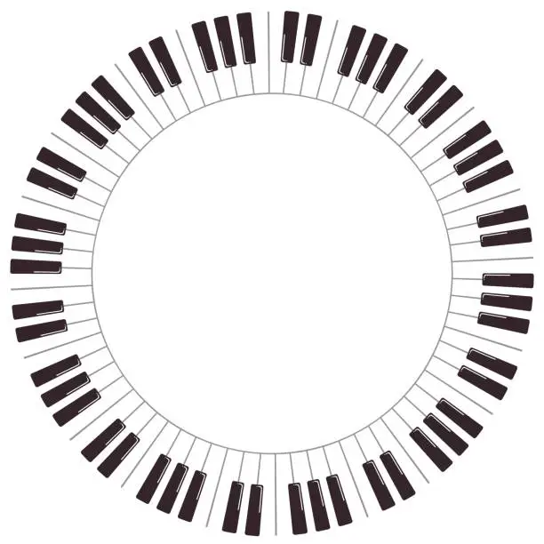 Vector illustration of Cartoon piano keys. Vector round frame isolated on white background