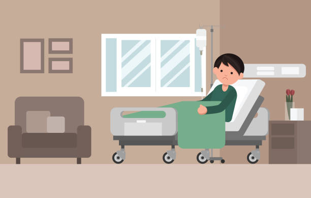 Man Patient Resting In Hospital Bed. Man Patient Resting In Hospital Bed. Sad man lying in a hospital bed. Isolated vector illustration. sick child hospital bed stock illustrations