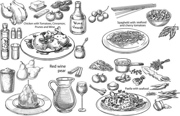 Mediterranean dishes. Creative conceptual vector set. Sketch hand drawn different mediterranean dishes pasta chicken wine vegetables seafood illustration, engraving, ink, line art, vector. cinnamon stick spice food stock illustrations