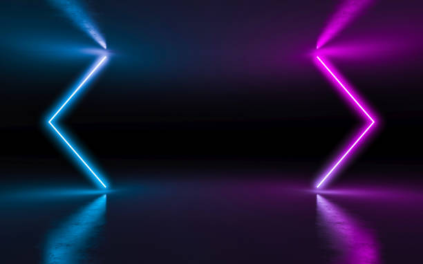 Abstract background neon light Abstract background purple and blue neon glowing lights in empty dark room with reflection. 3d rendering blue light room stock pictures, royalty-free photos & images