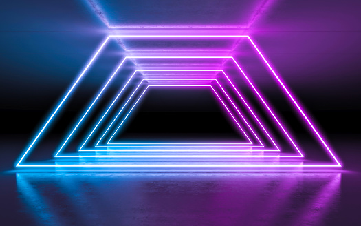 Abstract background purple and blue neon glowing lights in empty dark room with reflection. 3d rendering