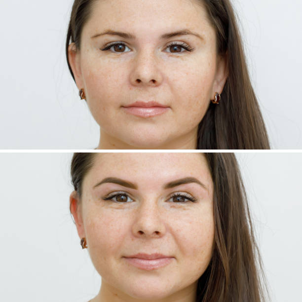 Photo comparison before and after permanent makeup, tattooing of eyebrows Photo comparison before and after permanent makeup, tattooing of eyebrows for woman in beauty salon durability stock pictures, royalty-free photos & images