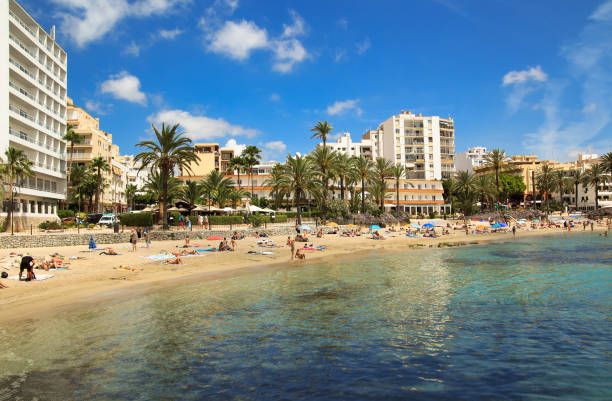 ses figueretes beach in ibiza town in sunny summer morning - ibiza town imagens e fotografias de stock