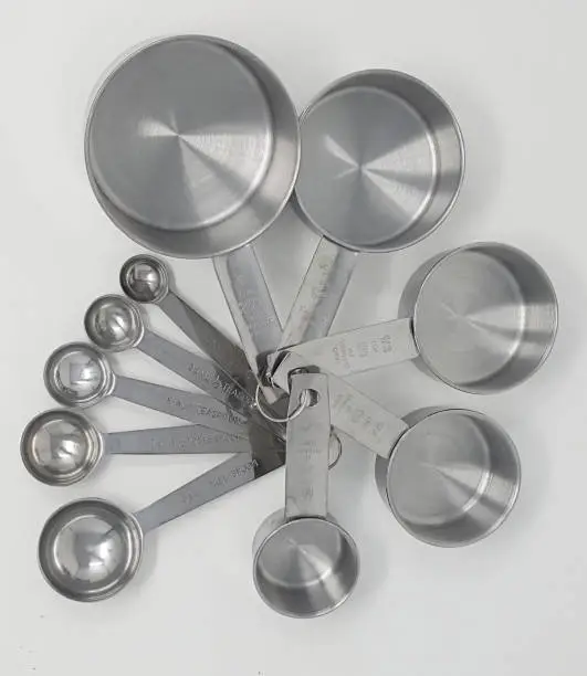 Set of Stainless Steel Measuring Cups and Spoons above view.