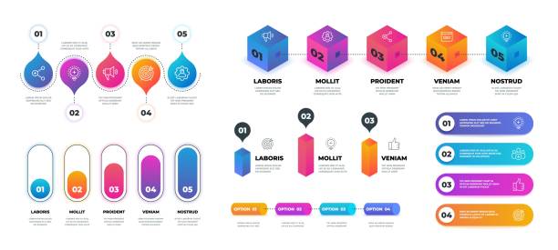 ilustrações de stock, clip art, desenhos animados e ícones de step 3d infographic. realistic flowchart graph, business options presentation template. vector workflow circle graphic template - diagram graph three dimensional shape chart