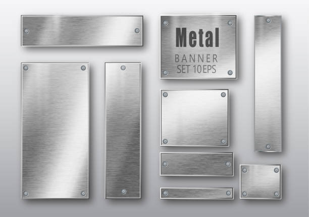 Metal banners set realistic. Vector Metal brushed plates with a place for inscriptions isolated on transparent background. Realistic 3D design. Stainless steel background. Metal banners set realistic. Vector Metal brushed plates with a place for inscriptions isolated on transparent background. Realistic 3D design. Stainless steel background metal stock illustrations