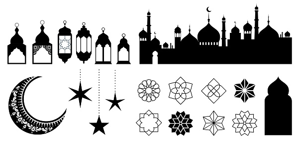 Islamic ornaments, symbols and icons collection. Vector illustration with moon, lanterns, patterns and city silhouette
