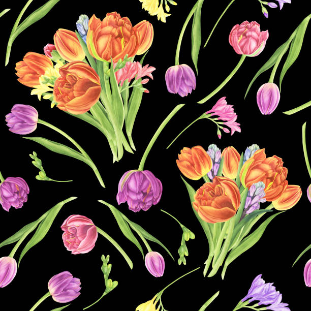 istock Seamless pattern with spring flowers: tulips, freesia and hyacinths on black background, watercolor painting. 1137957993