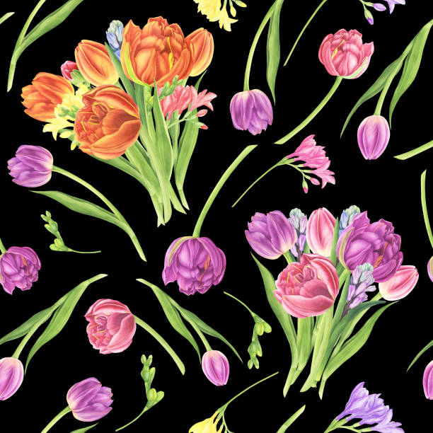 istock Seamless pattern with spring flowers: tulips, freesia and hyacinths on black background, watercolor painting. 1137958006