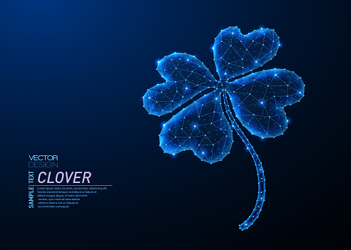 Abstract polygonal light design of four-leaf clover. Business low poly wireframe mesh spheres from flying debris. Luck concept. Blue lines, dots structure style vector illustration.