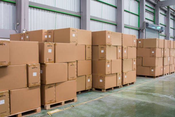 istock Rows of material boxes or product boxes in warehouse area. 1137960498
