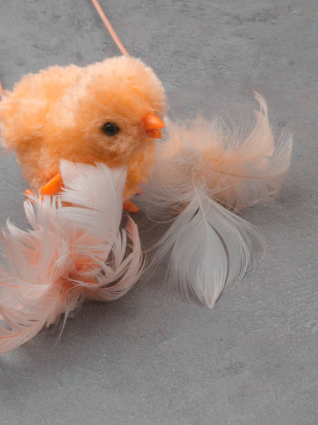 istock Cute yellow felted chicken toy and feathers background. Easter concept 1137960789